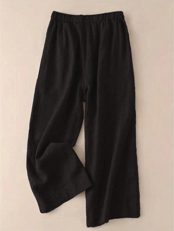 Women Solid High-Waist Cotton Blend Wide-Leg Pants with Elastic Waist