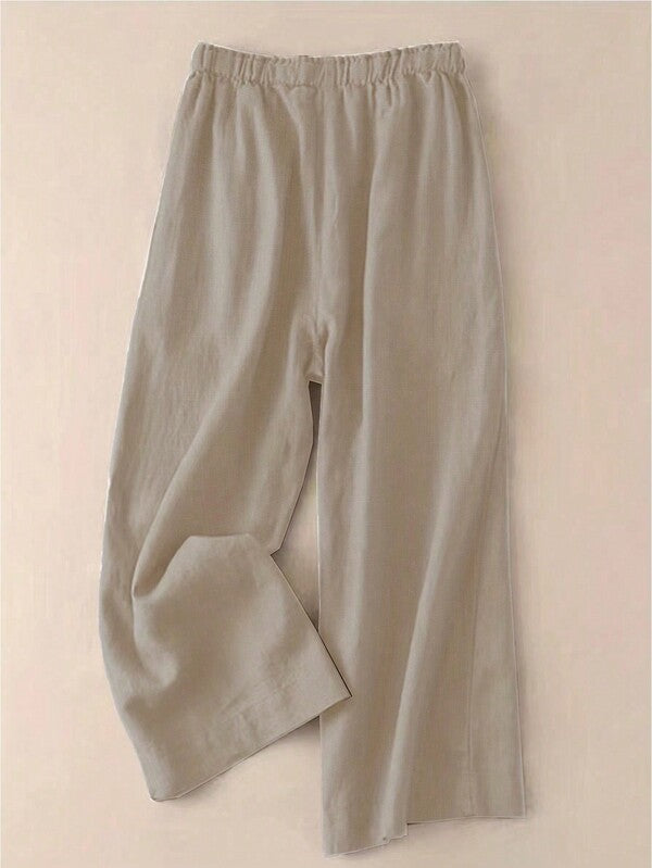 Women Solid High-Waist Cotton Blend Wide-Leg Pants with Elastic Waist