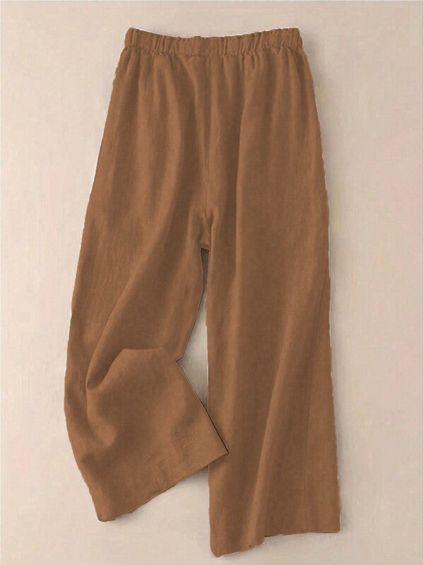 Women Solid High-Waist Cotton Blend Wide-Leg Pants with Elastic Waist
