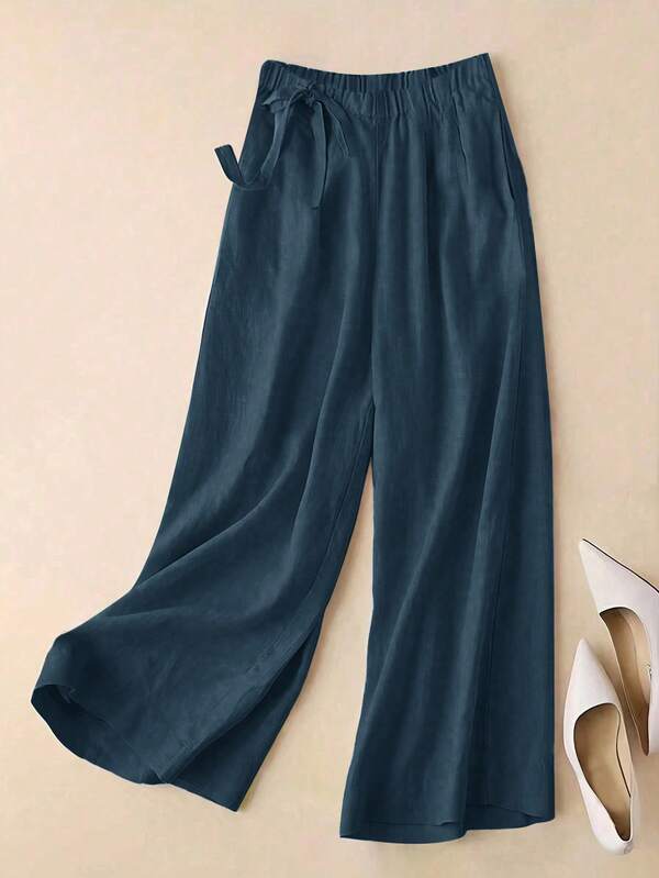 Women Solid High-Waist Cotton Blend Wide-Leg Pants with Elastic Waist