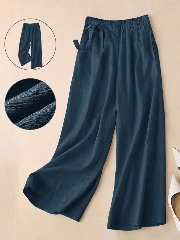 Women Solid High-Waist Cotton Blend Wide-Leg Pants with Elastic Waist