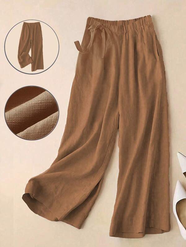 Women Solid High-Waist Cotton Blend Wide-Leg Pants with Elastic Waist