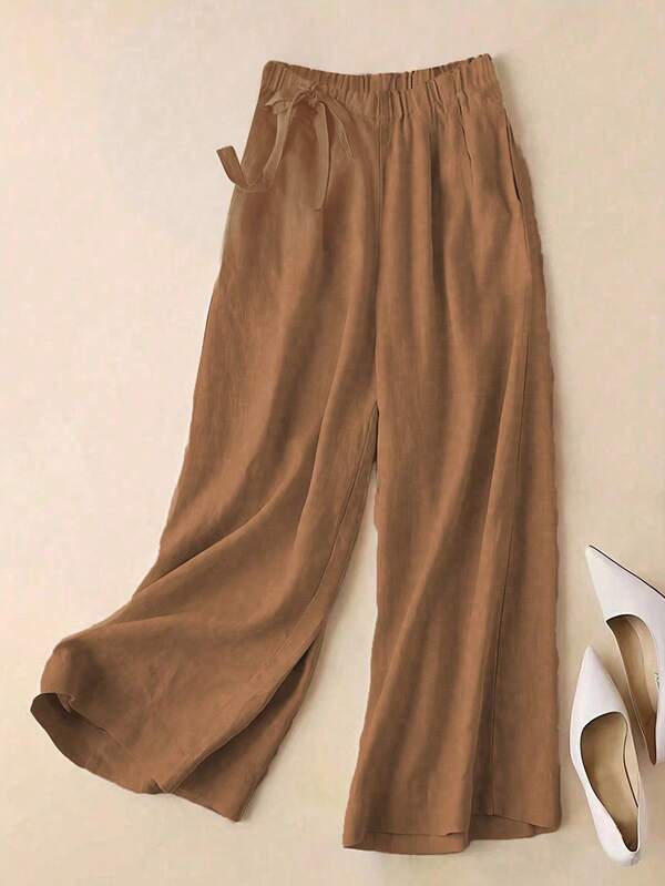 Women Solid High-Waist Cotton Blend Wide-Leg Pants with Elastic Waist