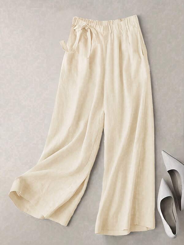 Women Solid High-Waist Cotton Blend Wide-Leg Pants with Elastic Waist