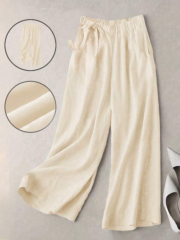 Women Solid High-Waist Cotton Blend Wide-Leg Pants with Elastic Waist
