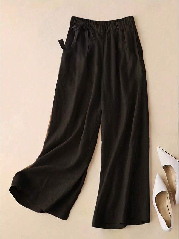 Women Solid High-Waist Cotton Blend Wide-Leg Pants with Elastic Waist