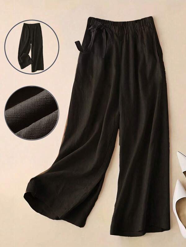 Women Solid High-Waist Cotton Blend Wide-Leg Pants with Elastic Waist