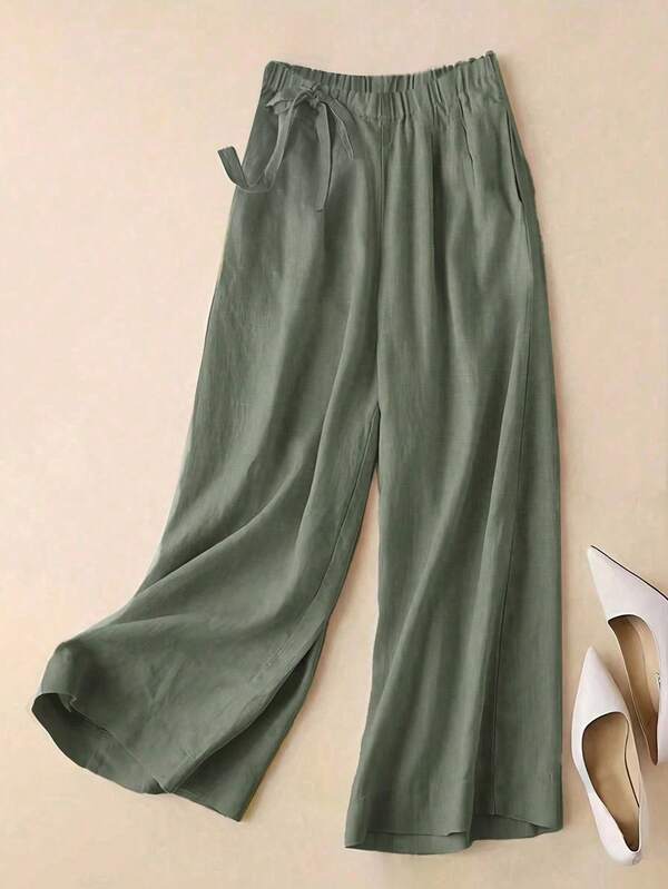 Women Solid High-Waist Cotton Blend Wide-Leg Pants with Elastic Waist