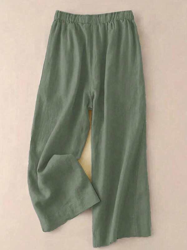 Women Solid High-Waist Cotton Blend Wide-Leg Pants with Elastic Waist