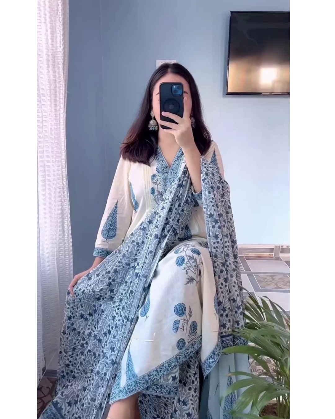 Ivory & Blue Floral Printed Kurta Set with Matching Dupatta