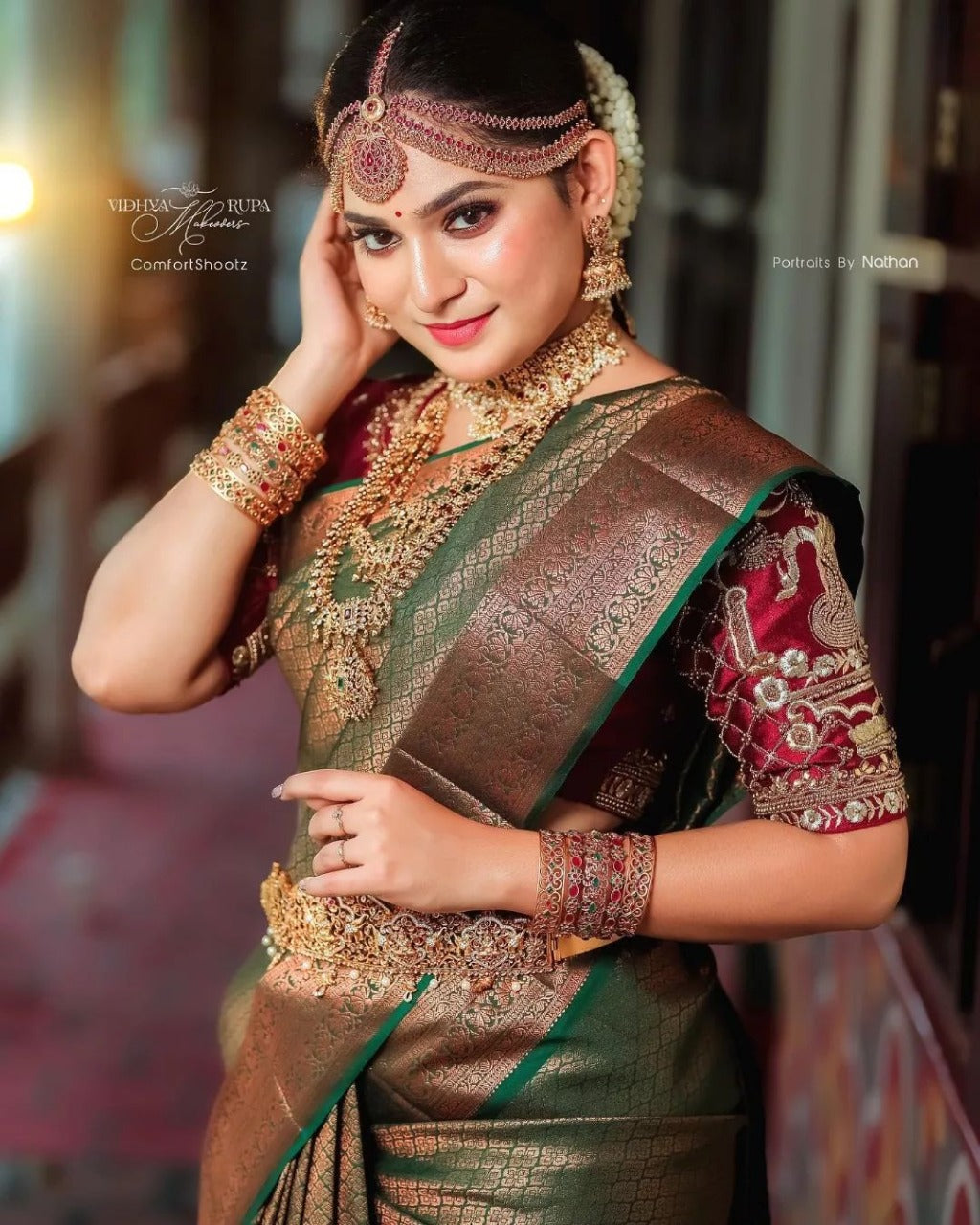 Printed Banarasi Jacquard Saree  (Green)