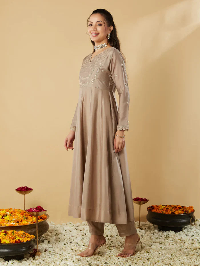 Elegant Taupe Embroidered Kurta Set with Dupatta for Women