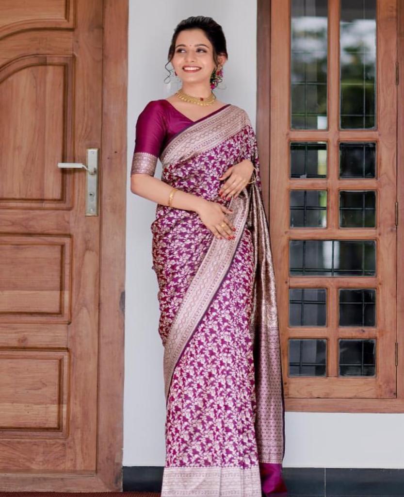 Woven, Embellished, Floral Print, Solid/Plain Kanjivaram Pure Silk, Art Silk Saree  (Purple)