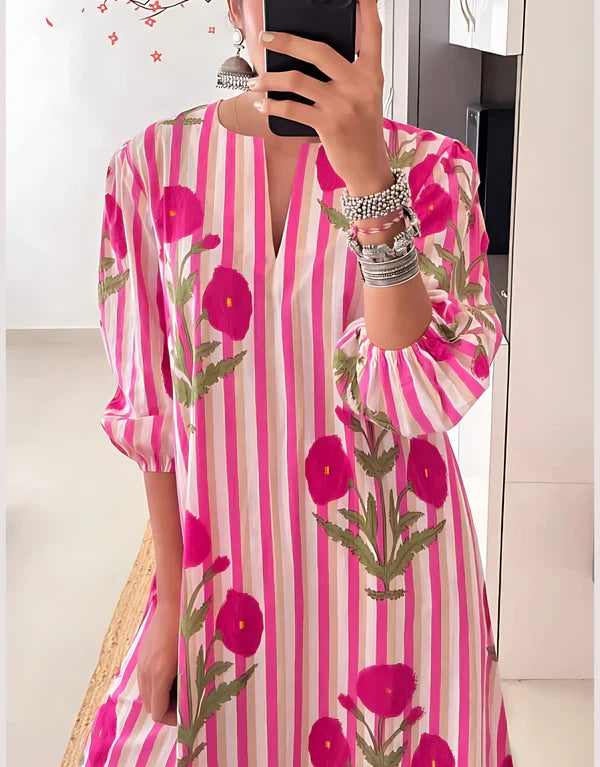 Pink & White Striped Floral Printed Cotton Kaftan Kurta