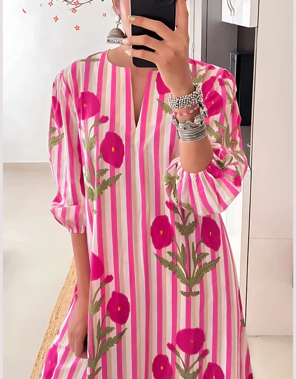 Pink & White Striped Floral Printed Cotton Kaftan Kurta
