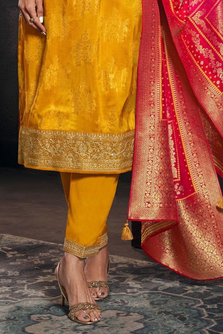 Royal Yellow Floral Printed Kurta Pant Set with Dupatta