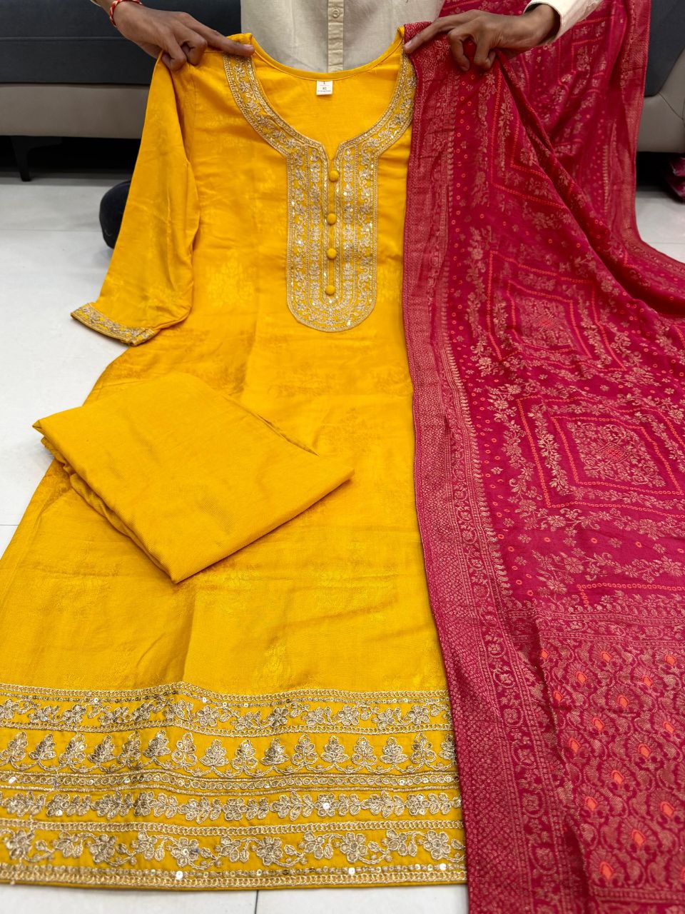 Royal Yellow Floral Printed Kurta Pant Set with Dupatta