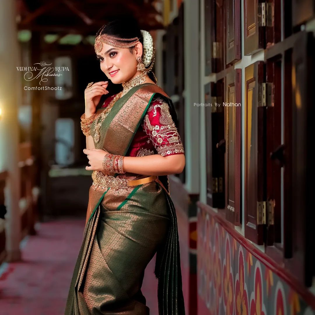 Printed Banarasi Jacquard Saree  (Green)