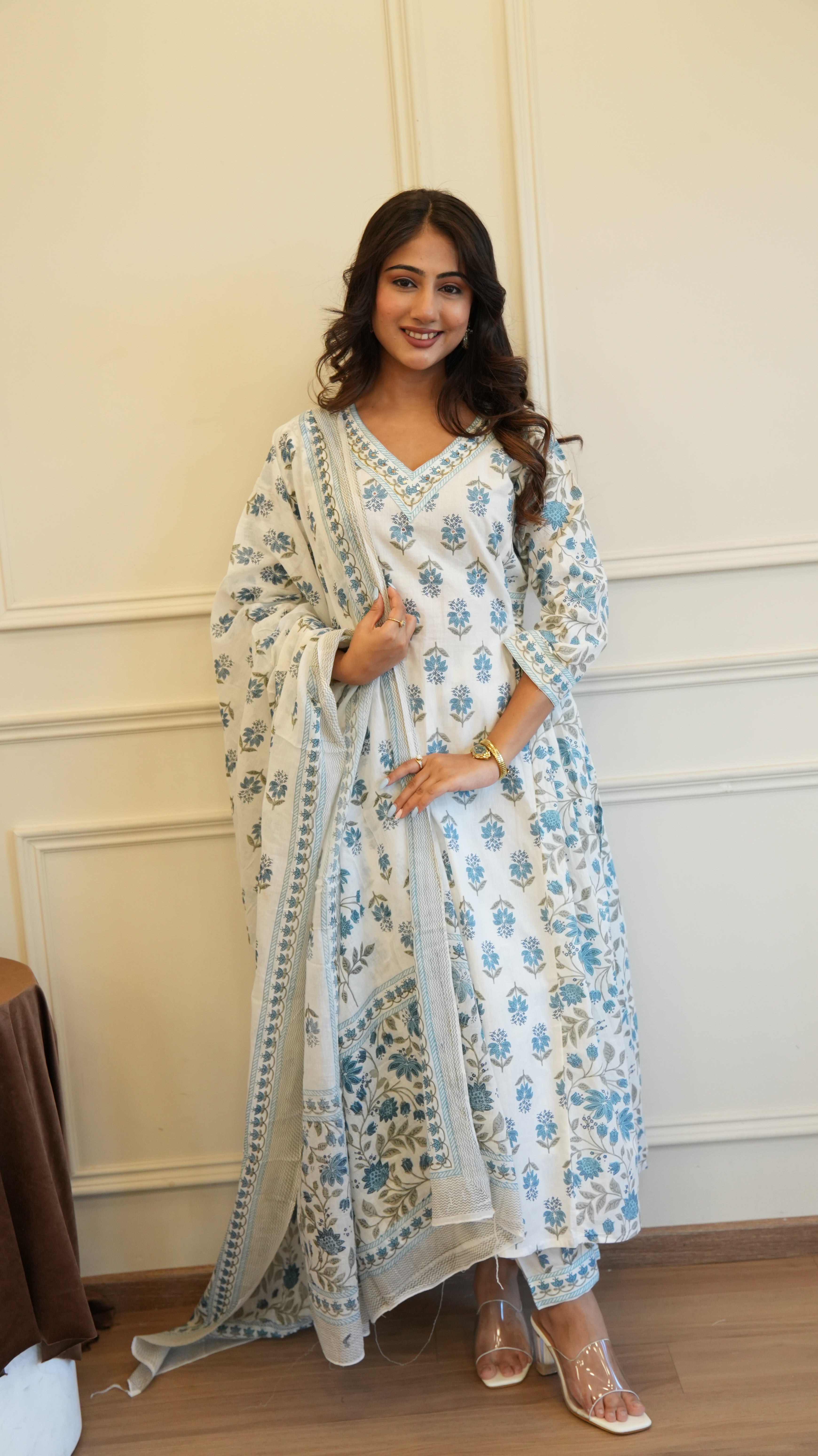 Grey White Cotton Afghani Kurti With Pant & Dupatta Set