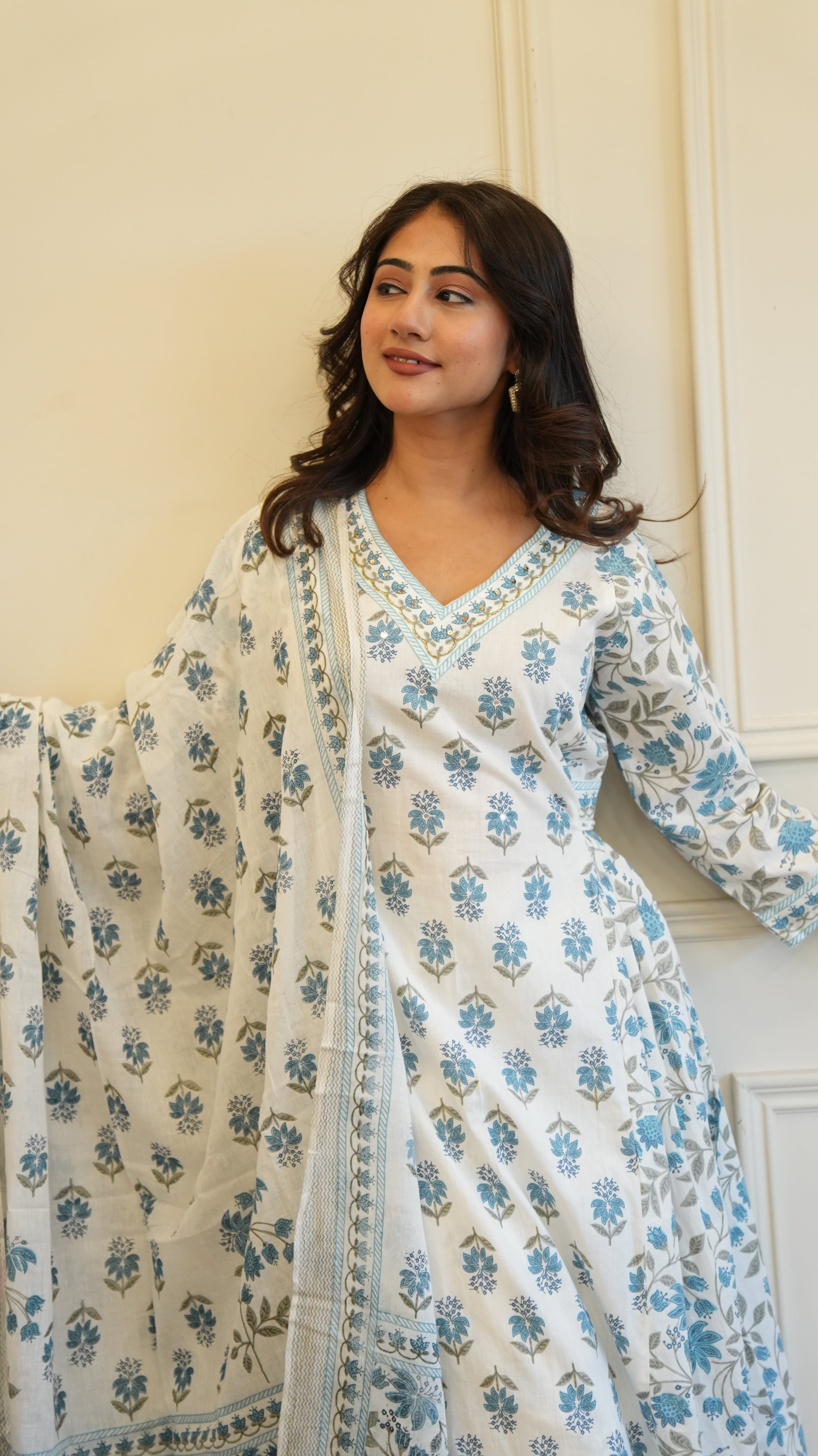 Grey White Cotton Afghani Kurti With Pant & Dupatta Set