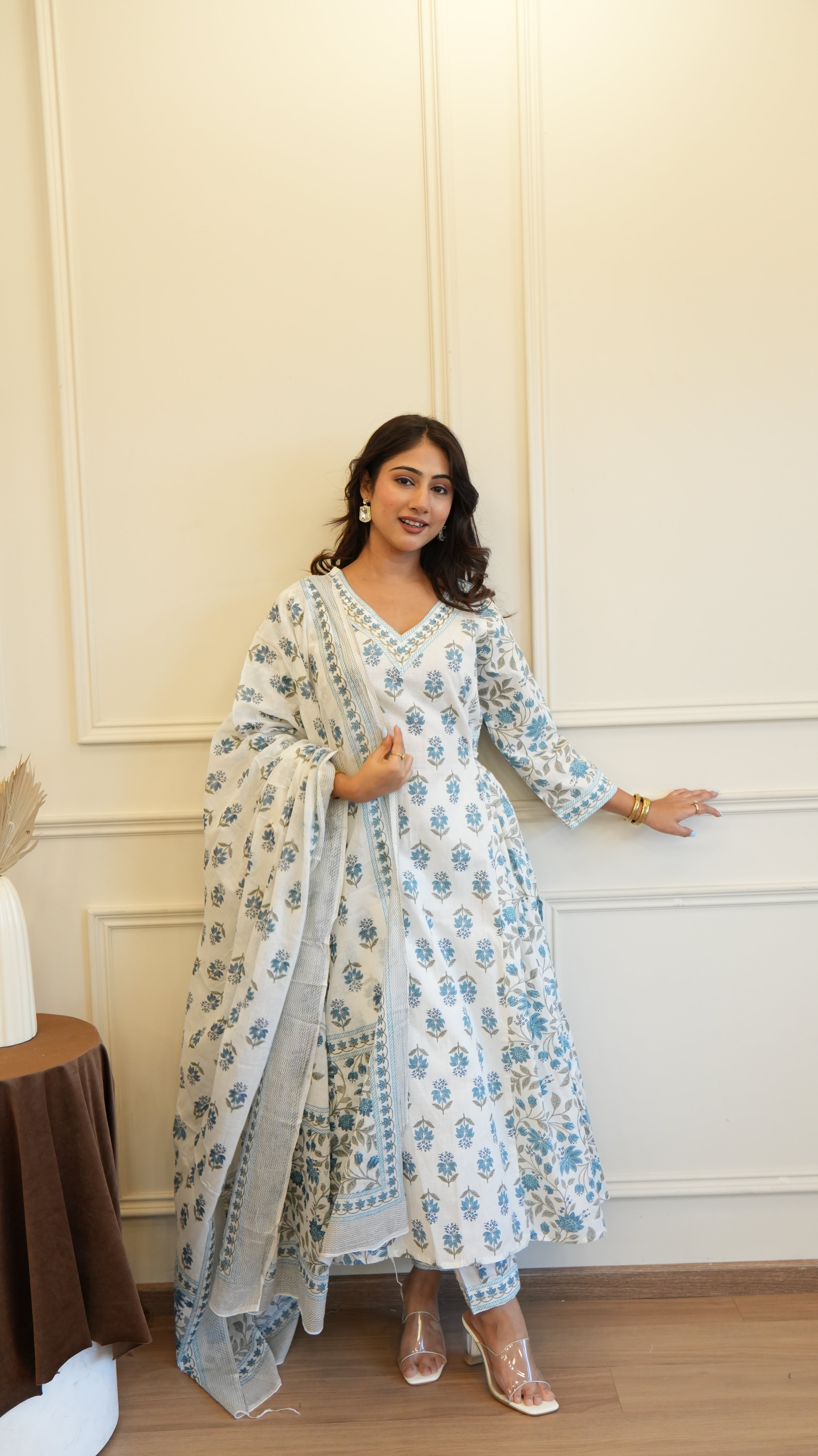 Grey White Cotton Afghani Kurti With Pant & Dupatta Set