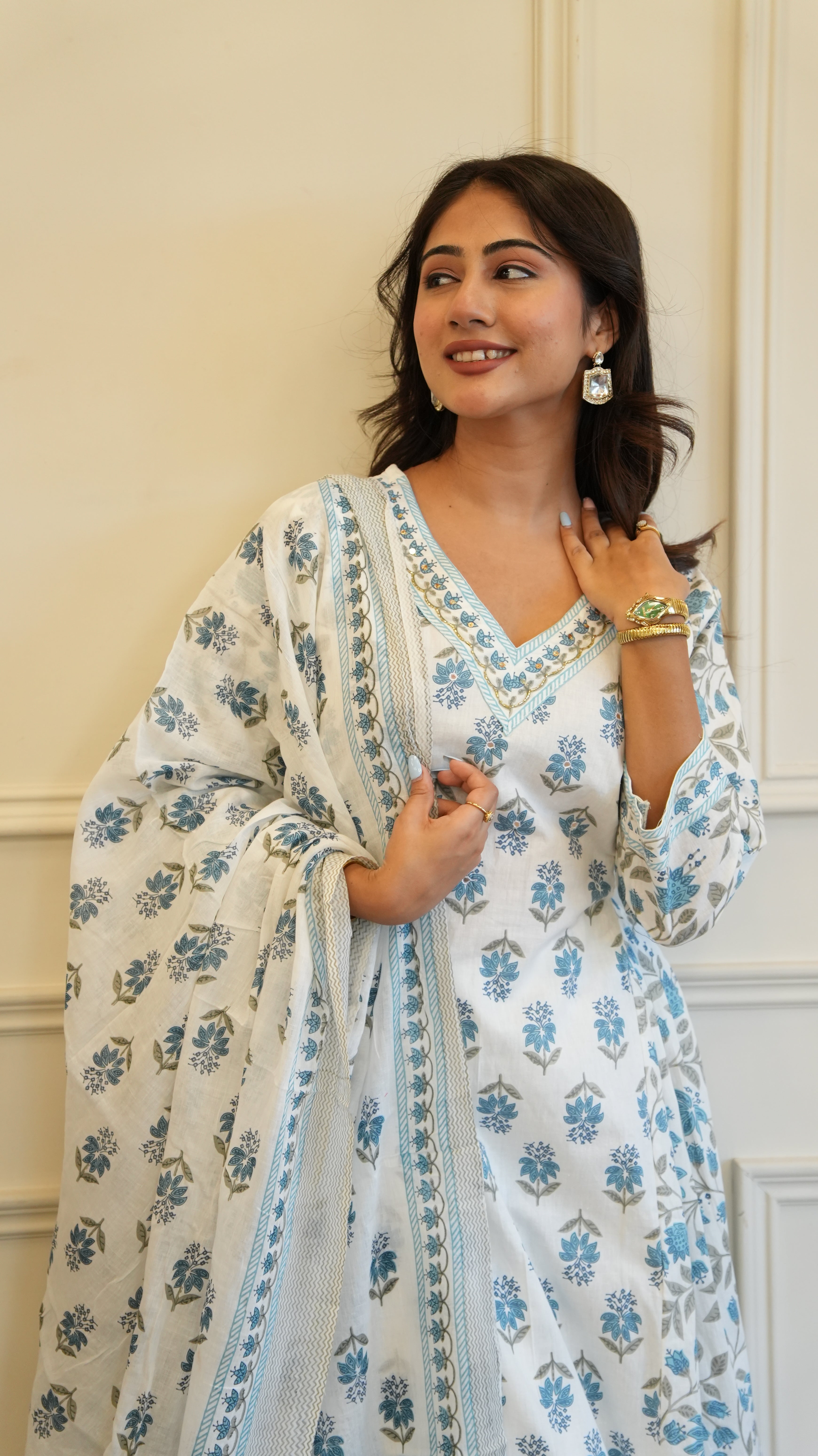 Grey White Cotton Afghani Kurti With Pant & Dupatta Set