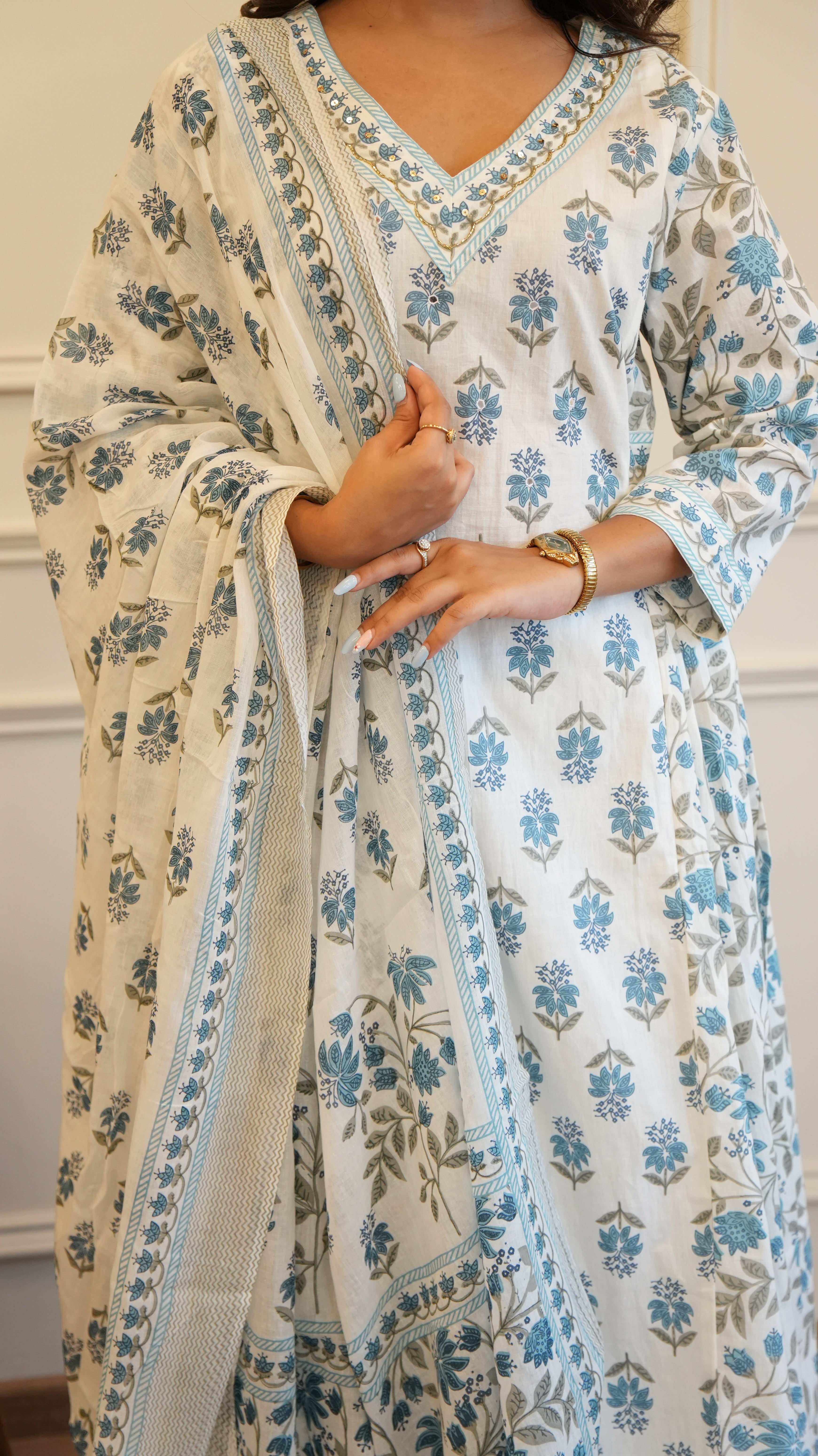 Grey White Cotton Afghani Kurti With Pant & Dupatta Set