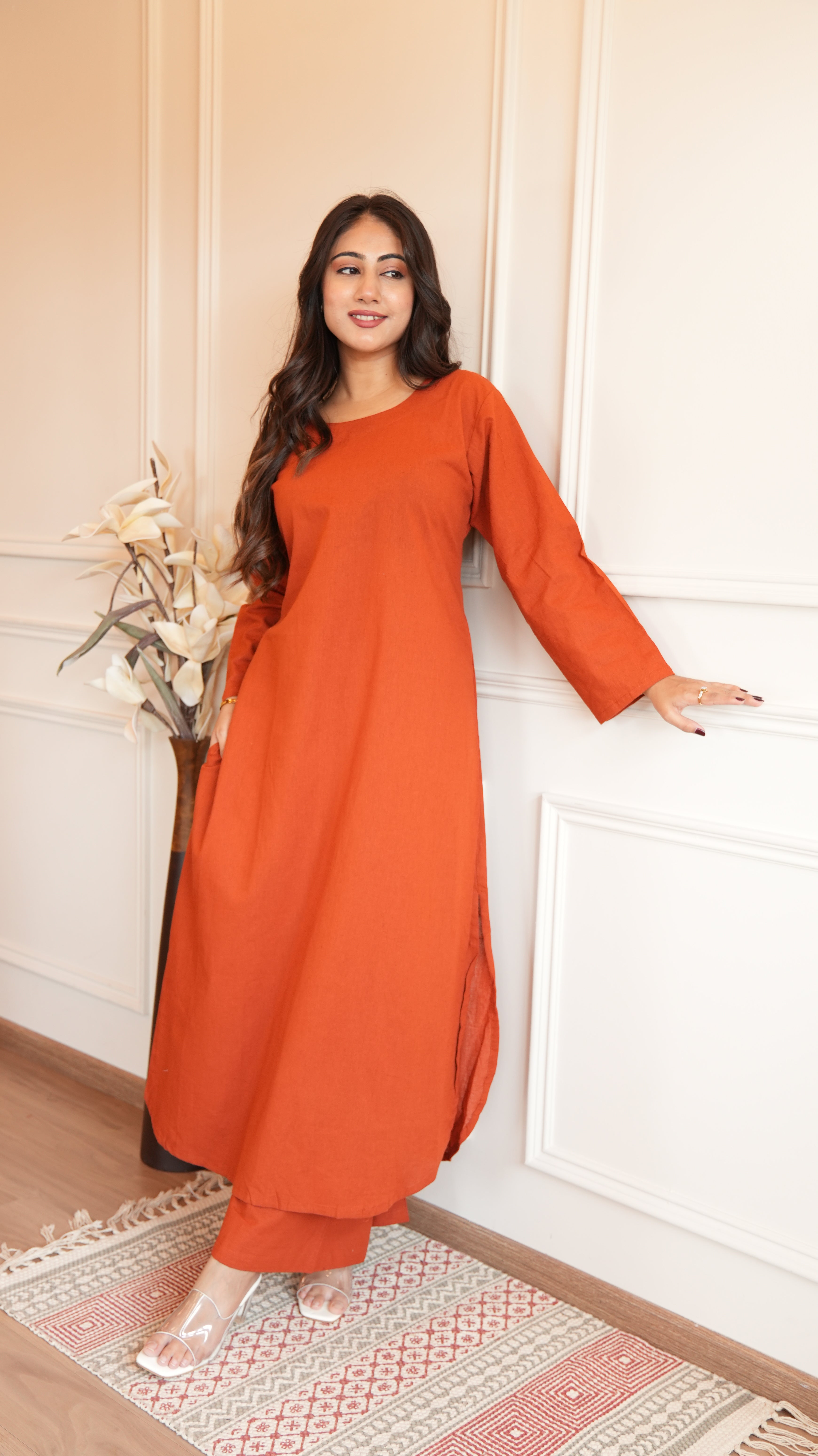 Women's Cotton Kurta pant sets - Rust