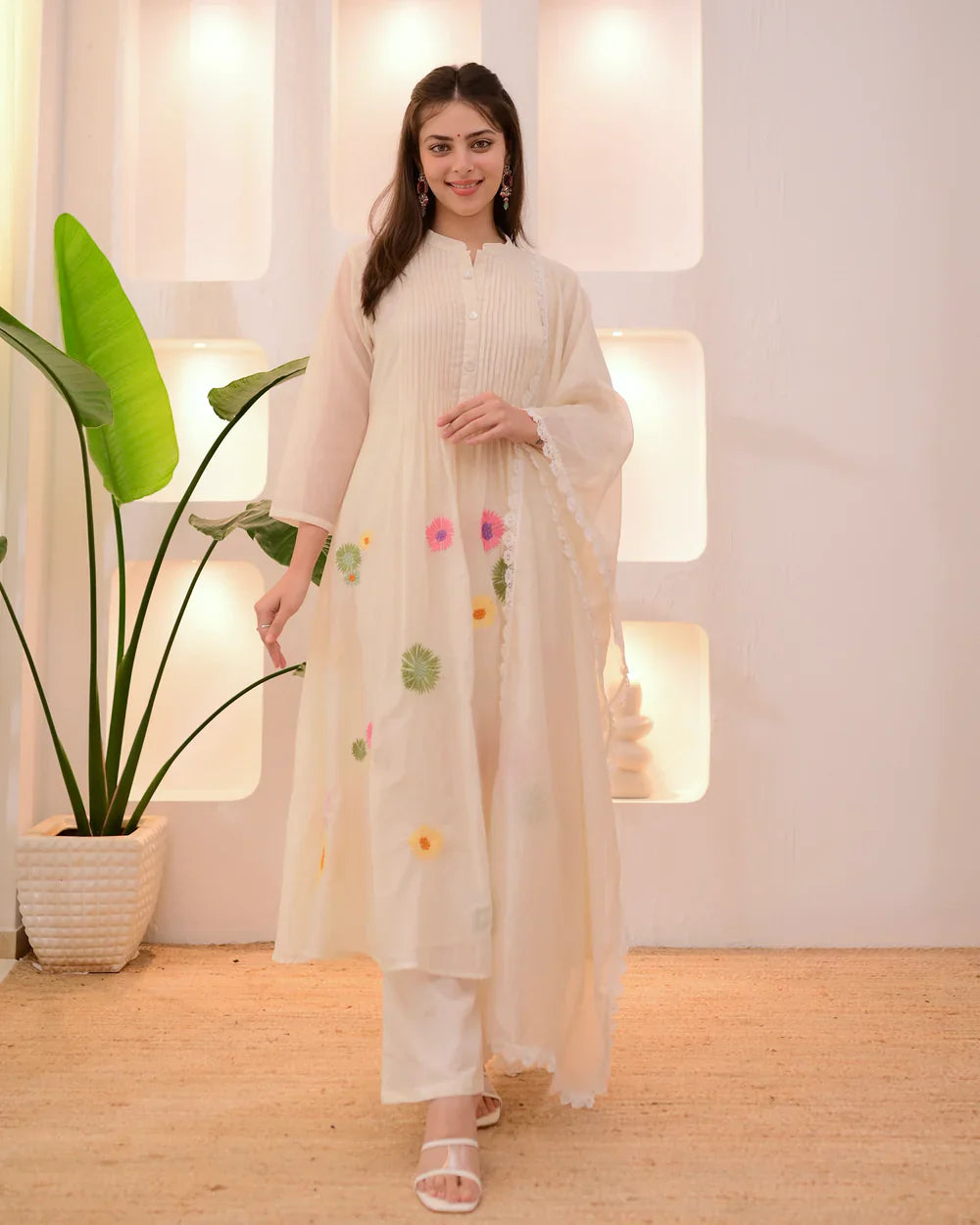Ivory Pastel Garden Threadwork Mul Chanderi Suit