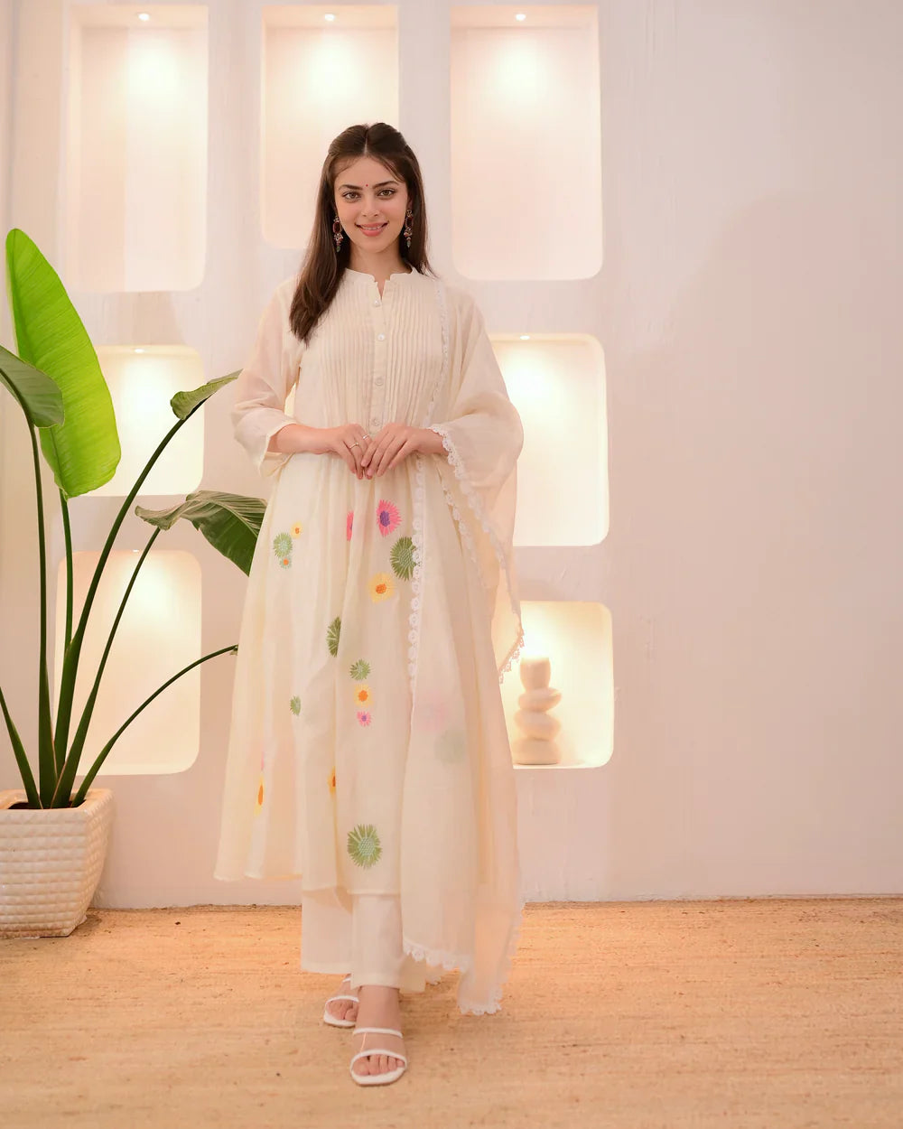 Ivory Pastel Garden Threadwork Mul Chanderi Suit