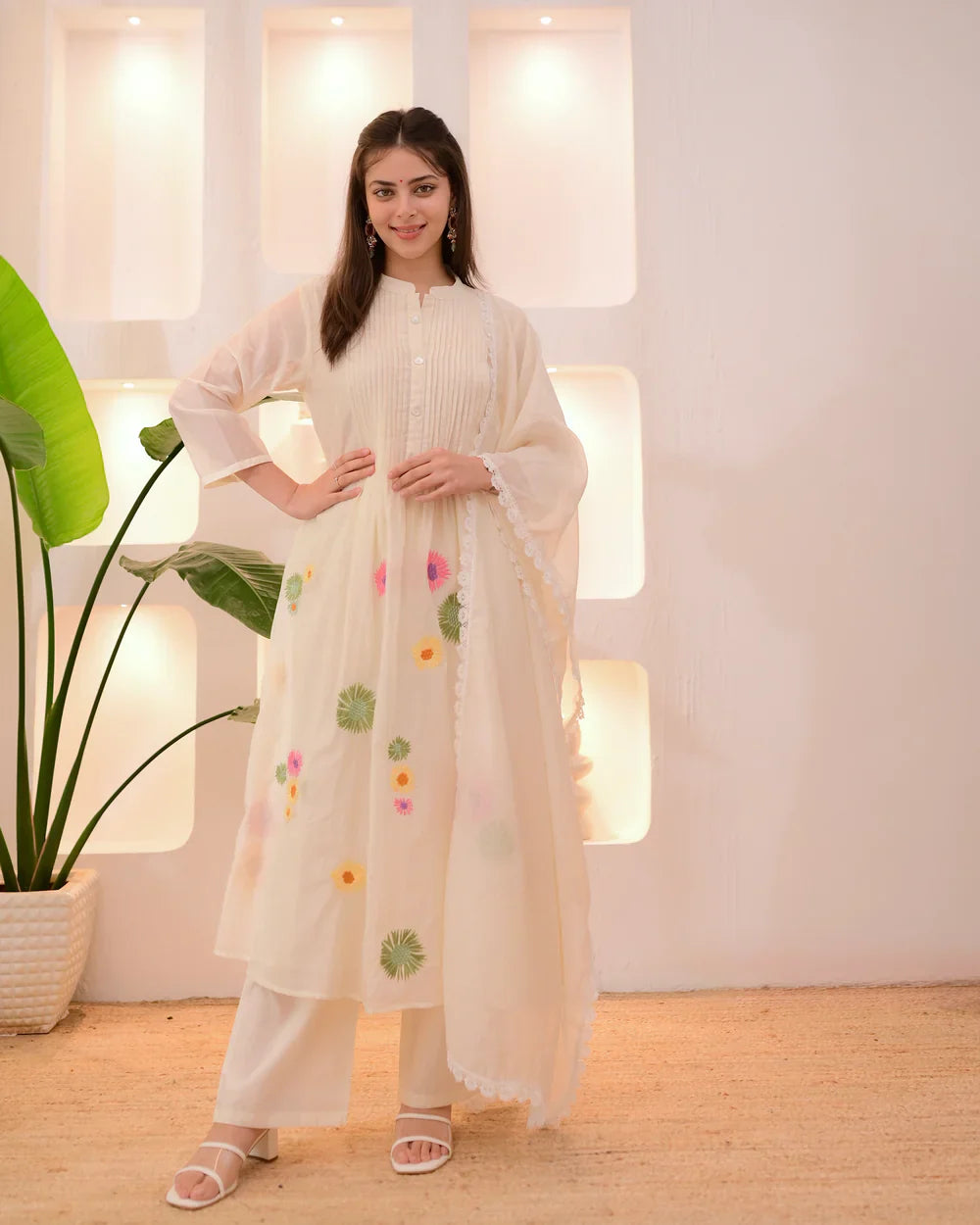 Ivory Pastel Garden Threadwork Mul Chanderi Suit