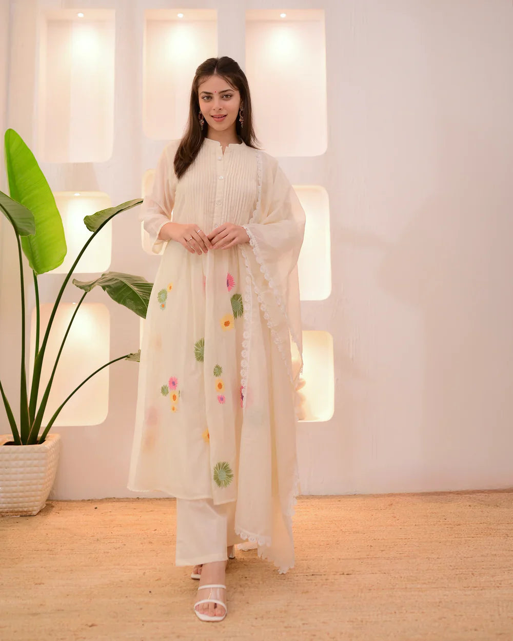 Ivory Pastel Garden Threadwork Mul Chanderi Suit