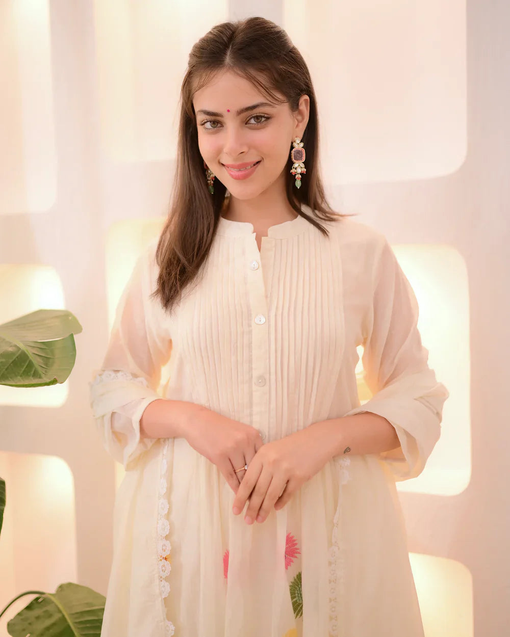 Ivory Pastel Garden Threadwork Mul Chanderi Suit