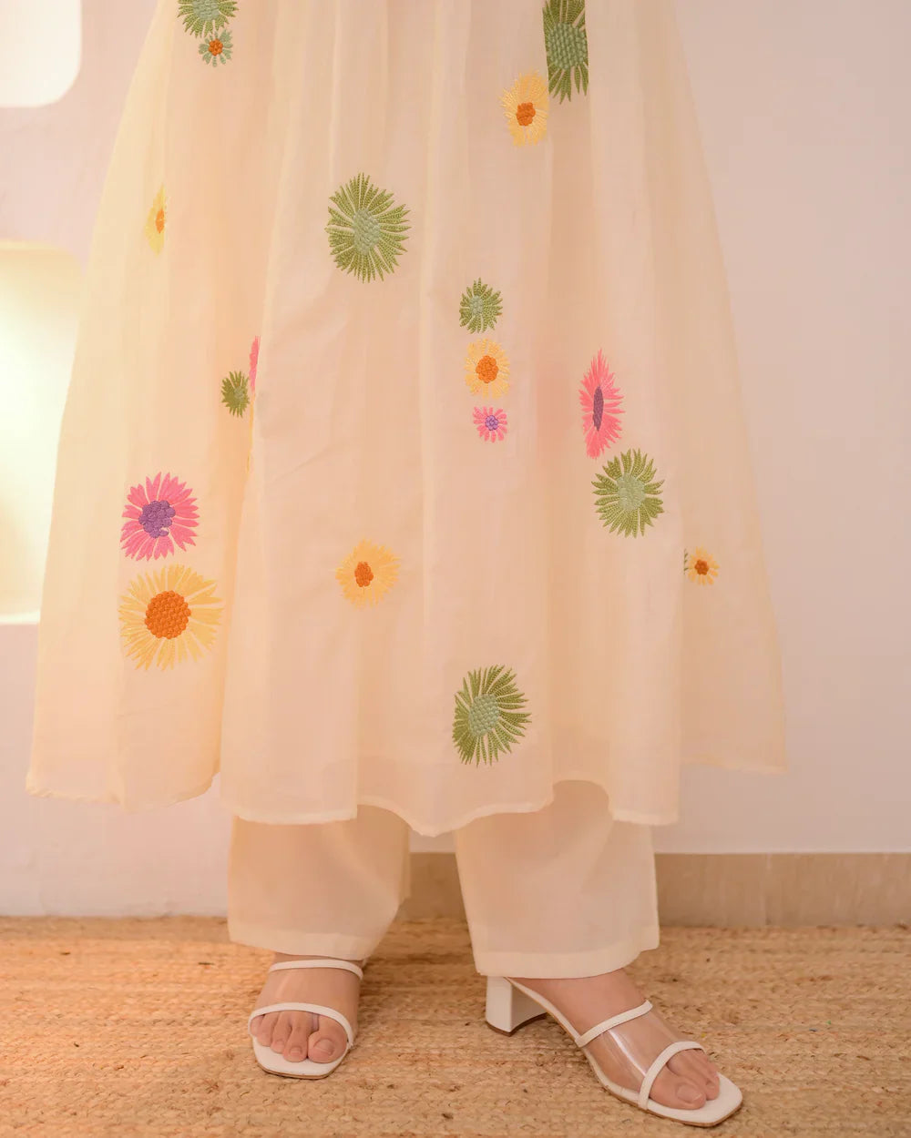 Ivory Pastel Garden Threadwork Mul Chanderi Suit