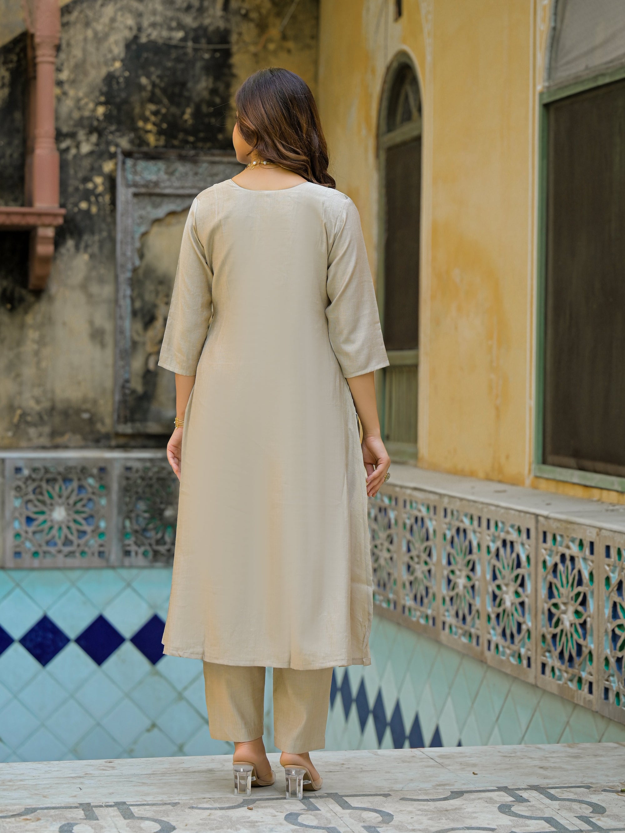 Beige Straight Kurta Set with Maroon Embroidered Yoke