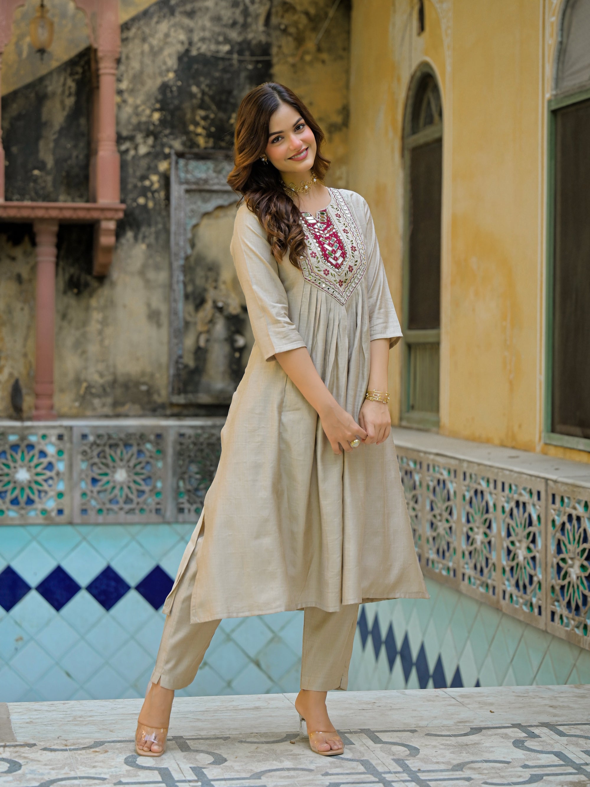 Beige Straight Kurta Set with Maroon Embroidered Yoke