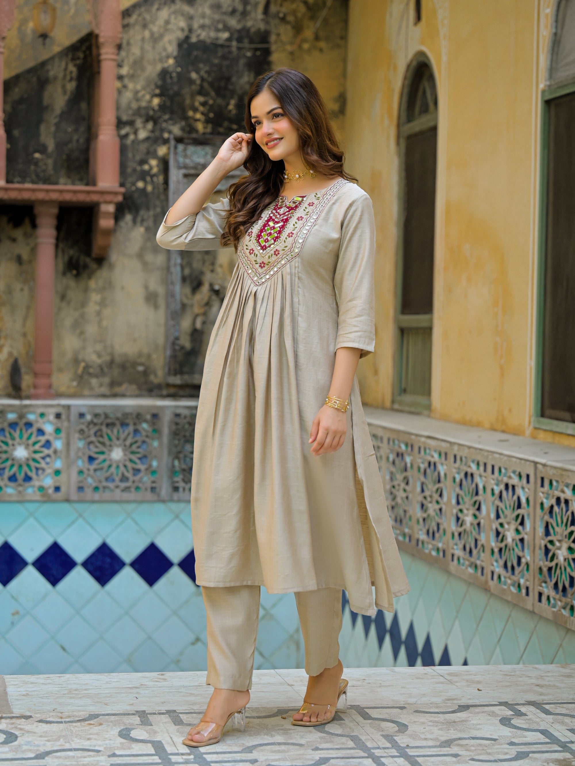 Beige Straight Kurta Set with Maroon Embroidered Yoke
