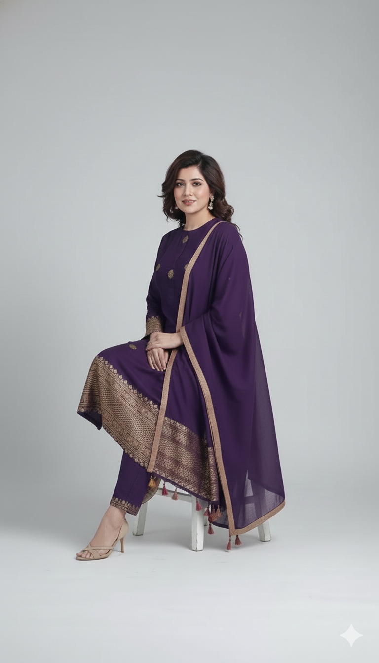 Elegant Purple Kurta Pant Set with Gold Motif Work & Border Dupatta