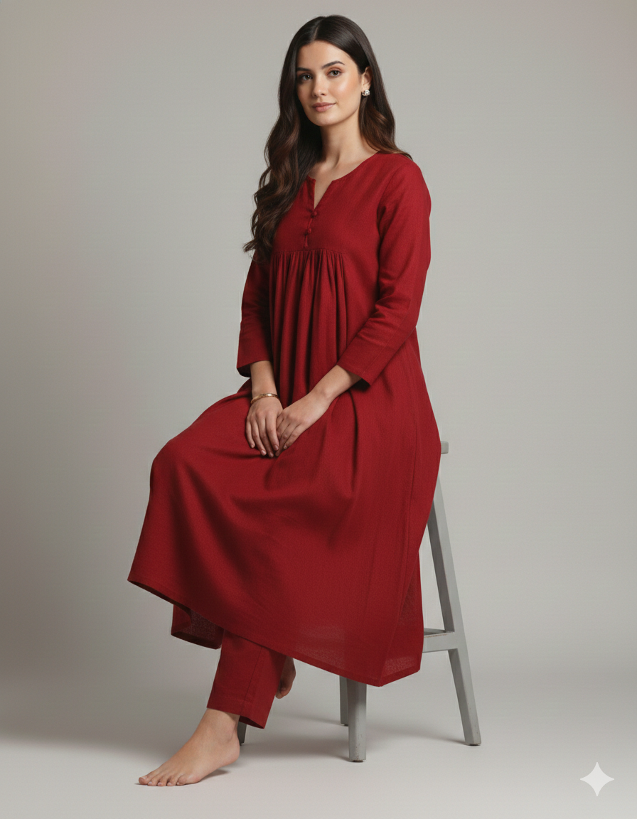 Elegant Maroon A-Line Kurta with Matching Pants – Cotton Comfort Wear