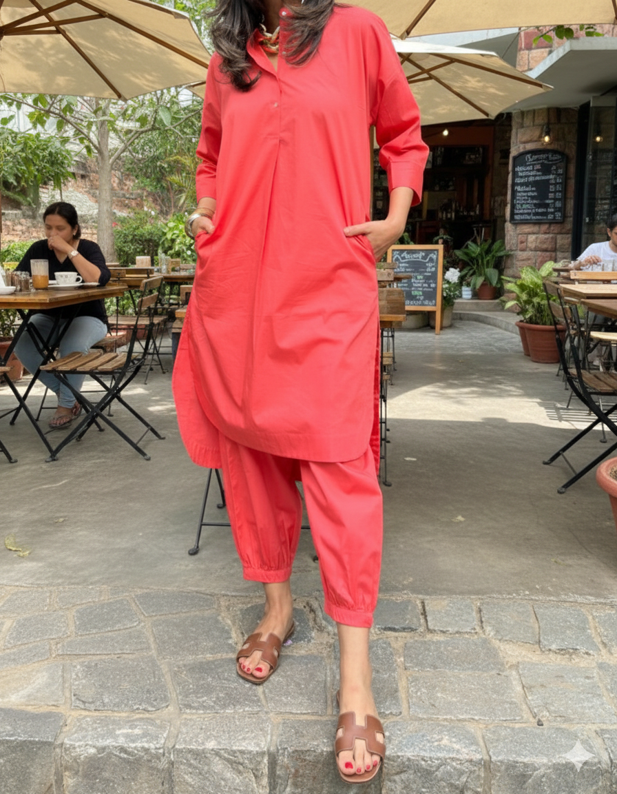 Coral Red Cotton Coord Set