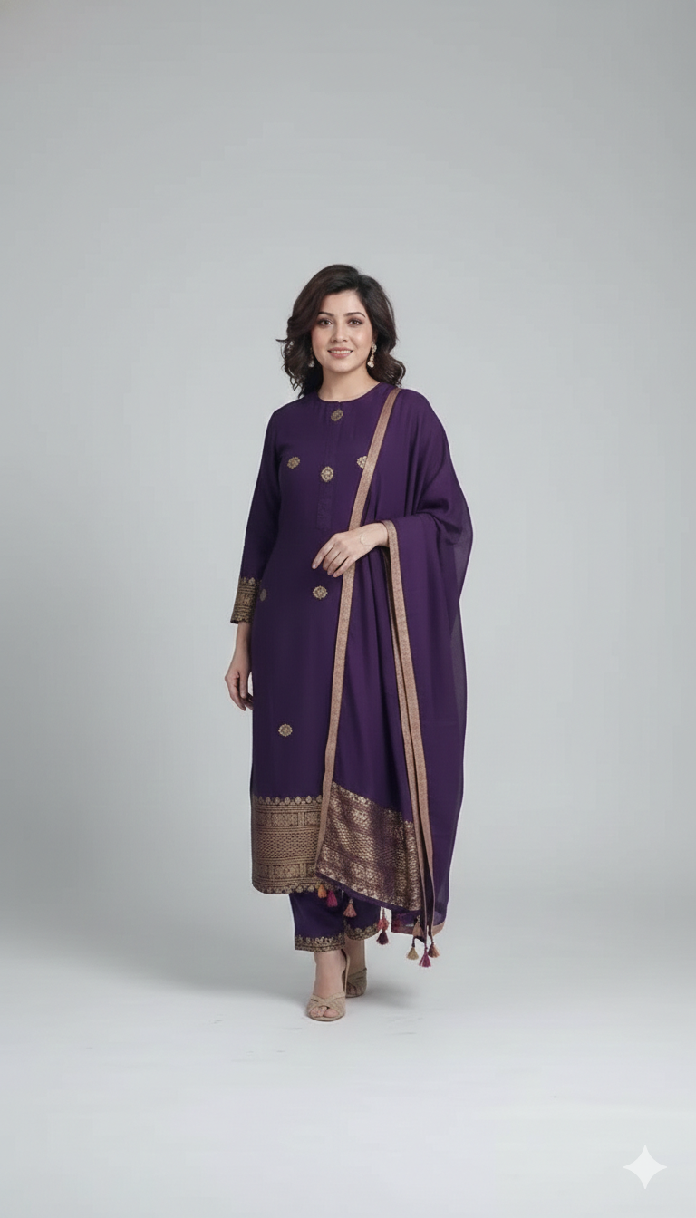 Elegant Purple Kurta Pant Set with Gold Motif Work & Border Dupatta