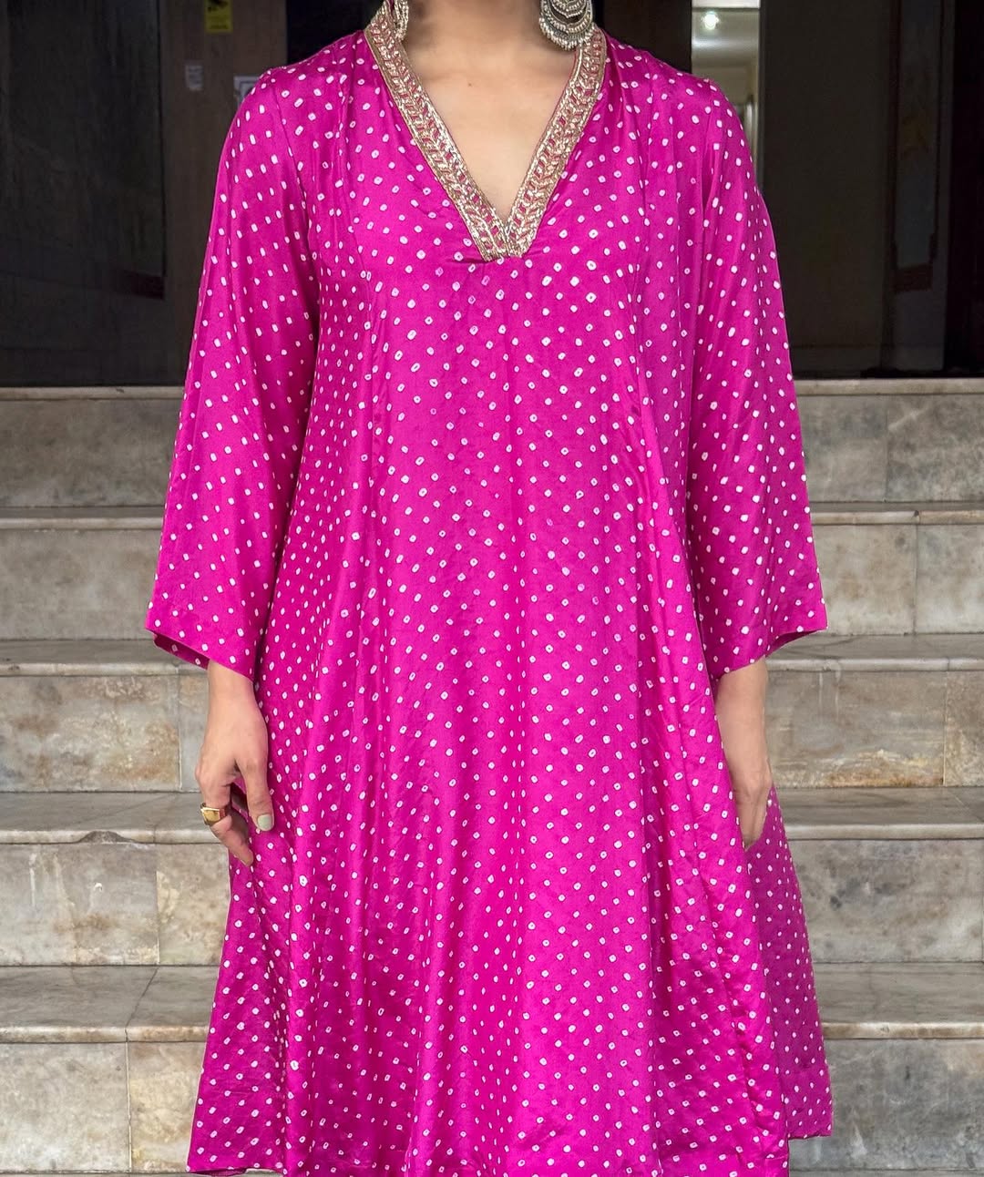 Handmade & Handembroidered Bandhini Silk Kurta set