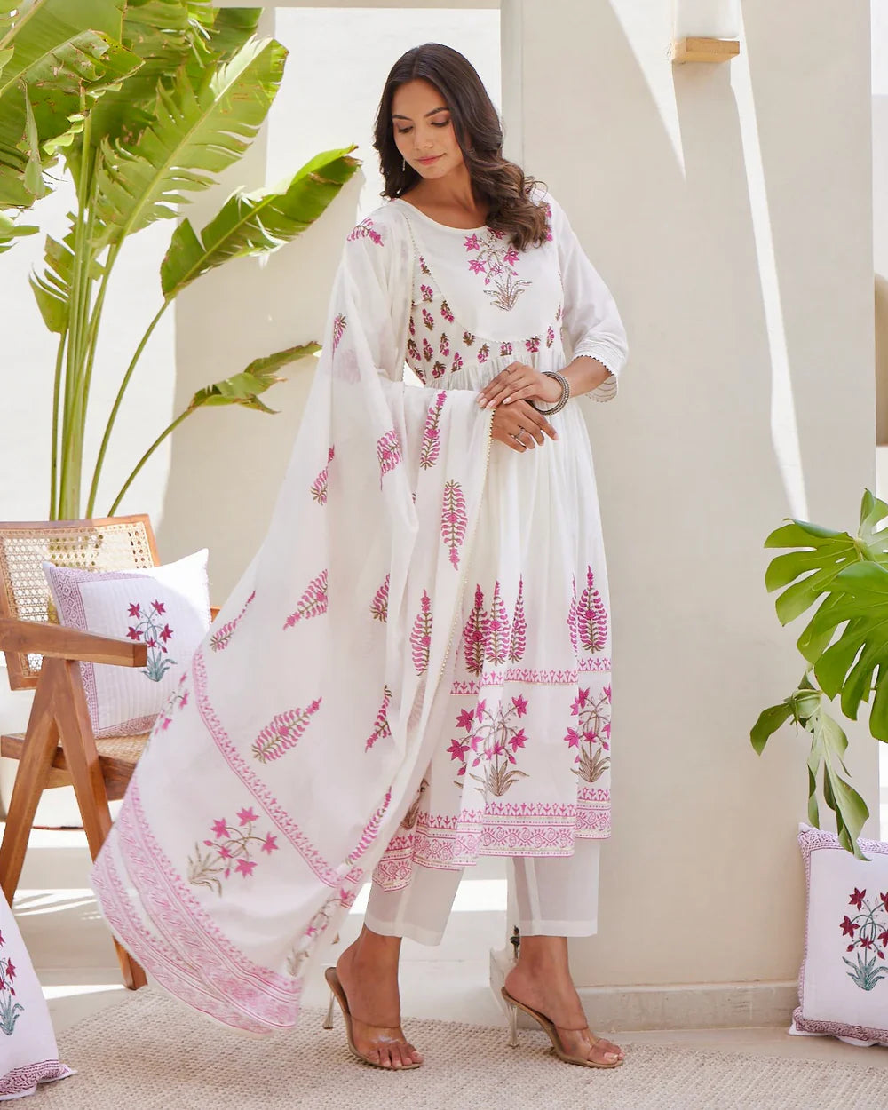 Ivory Pink Mul Cotton Block Printed Anarkali