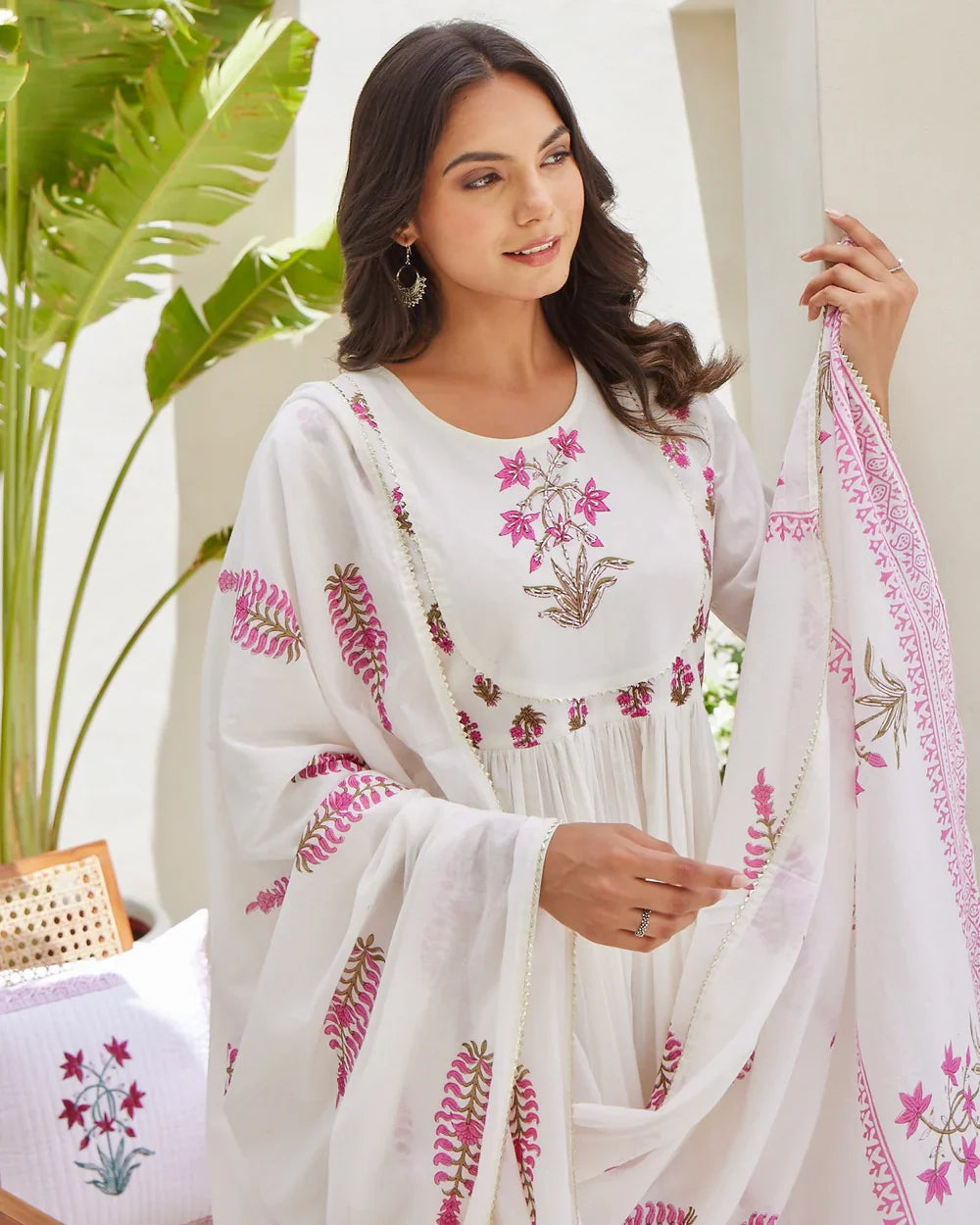 Ivory Pink Mul Cotton Block Printed Anarkali