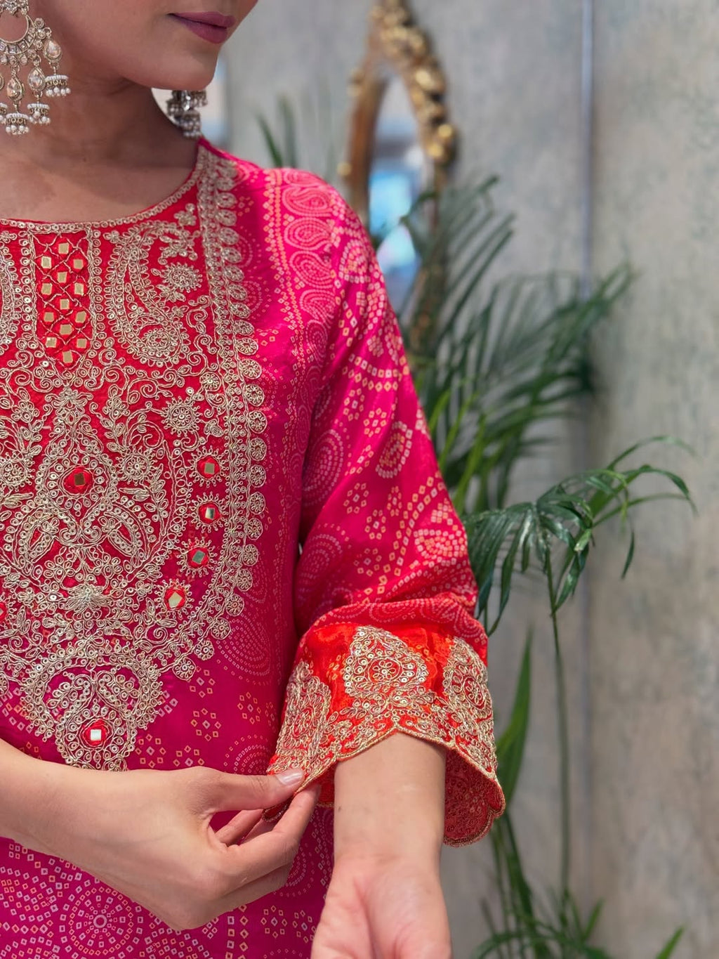Premium Pink & Red Bandhani Print Crepe Kurta Set with Embroidered Neckline