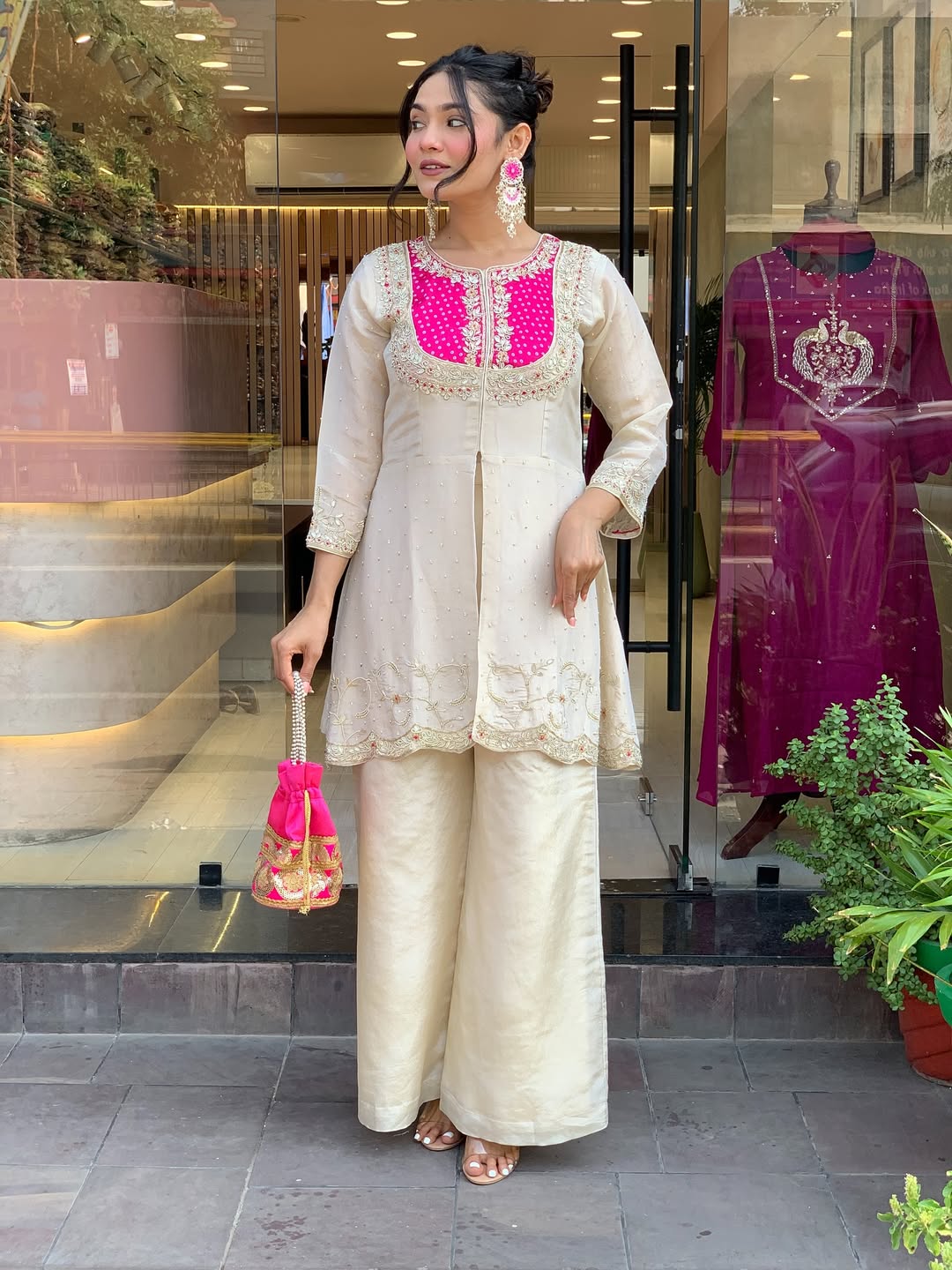 Elegant Cream & Pink Glass Tissue Suit Set