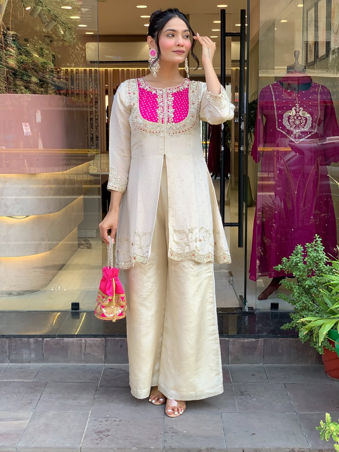 Elegant Cream & Pink Glass Tissue Suit Set