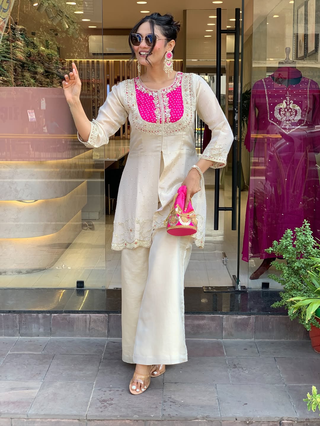 Elegant Cream & Pink Glass Tissue Suit Set