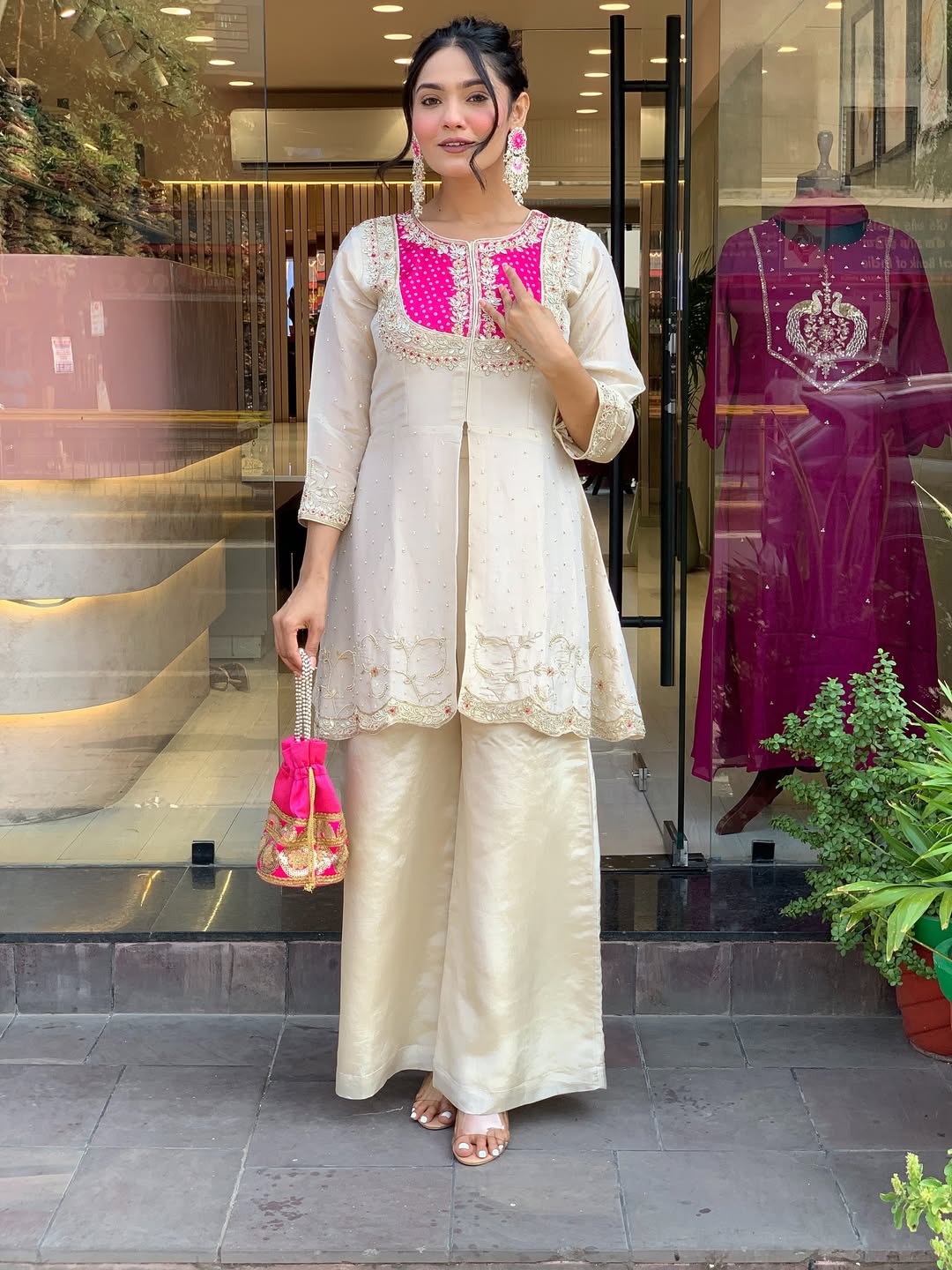 Elegant Cream & Pink Glass Tissue Suit Set