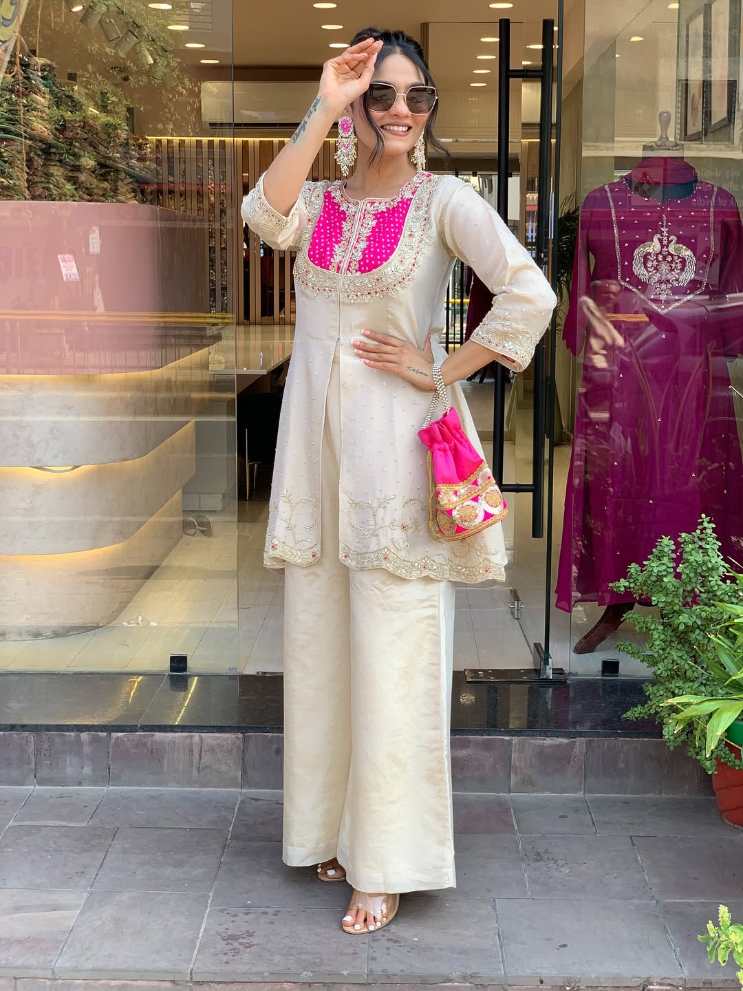 Elegant Cream & Pink Glass Tissue Suit Set